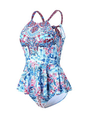 Women Floral Print Ruffle Trim Knotted Back Hollow Holiday Bikinis Swimsuits