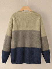 Women Contrast Color Patchwork Round Neck Long Sleeve Knitted Casual Sweater