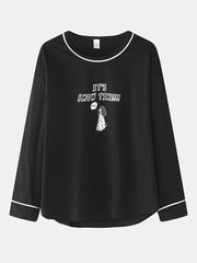 Women's Anime Print Black Pajama Set - Pullover & Elastic Waist Pants