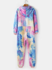 Women's Tie Dye Hooded Jumpsuit with Pockets & Zipper - Sleepwear