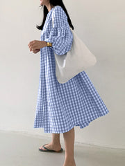 Women Plaid Puff Sleeve High Waist Bohemian Casual Loose Midi Dress