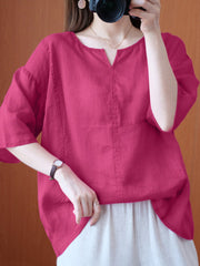 Women 100% Cotton Solid O-Neck Loose Raglan Sleeve Loose Blouse