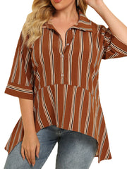 Plus Size Women Stripe Half Button High Low Vintage Half Sleeve Blouses