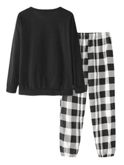 Women's Cartoon Astronaut Pajama Set: Round Neck Cotton Top & Cuffed Check Pants