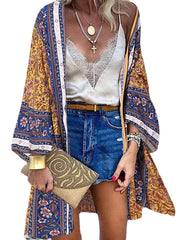 Floral Print Bohemian Open Front Long Sleeve Holiday Cardigan