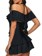 Women's Swimwear Swimdresses Normal Swimsuit Ruffle 2 Piece Plain Black Bathing Suits Sports Beach Wear Summer