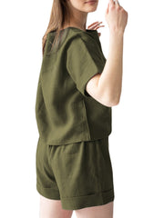 Leisure Solid Elastic Waist Pocket Short Sleeve Cotton Suit