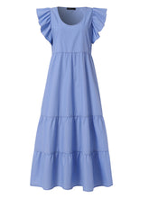 Women Solid Color Ruffles Sleeve Bohemian Casual U-Neck Layered Tiered Dress