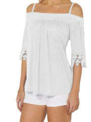 Lace Patchwork Cold Shoulder Half Sleeves Solid Tee