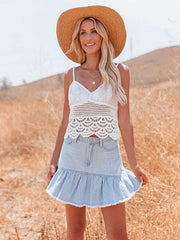 Women's Skirt Above Knee Denim Light Blue Skirts Summer Ruffle Pocket Fashion Casual Daily Weekend