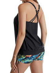 Women's Tankini 2-Piece Backless Swimsuit, Pleated Print, Dots & Leaf, Padded Scoop Neck, Vacation Fashion