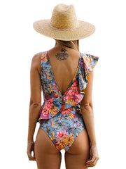 Women's Swimwear One Piece Normal Swimsuit Ruffle Printing Fruit Floral Green leaves Blue flower Yellow flower Blue lemon Pink flower Bodysuit Bathing Suits Sports Summer
