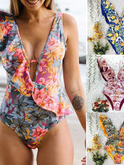 Women's Swimwear One Piece Normal Swimsuit Ruffle Printing Fruit Floral Green leaves Blue flower Yellow flower Blue lemon Pink flower Bodysuit Bathing Suits Sports Summer