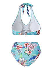 Women's Swimwear Bikini 2 Piece Normal Swimsuit Lace up Push Up Floral Light Blue Royal Blue Halter Bathing Suits Sexy Active Vacation / New / Padded Bras