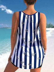 Women's Swimwear Tankini 2 Piece Normal Swimsuit 2 Piece Printing Striped Navy Tank Top High Neck Bathing Suits Sports Beach Wear Summer