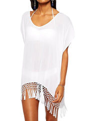 Women Tassel Patch Irregular Hem Bat Sleeve Translucent Sun Protection Cover Ups