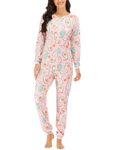 Plus Size Women V-Neck Avocado Print Zipper Long Sleeve Pants Rompers Home Home Onepieces Sleepwear