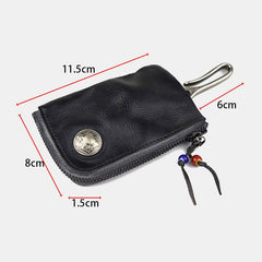 Men Vegetable Tanned Leather Metal Label Keychain Wallet Washed Retro Zipper Card Holder With Hook
