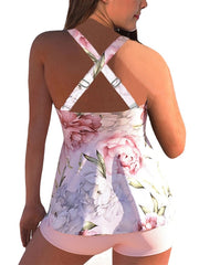 Women's Swimwear Tankini 2 Piece Plus Size Swimsuit Open Back Printing Flower Green Rosy Pink Black Camisole V Wire Bathing Suits New Vacation Fashion / Modern / Padded Bras