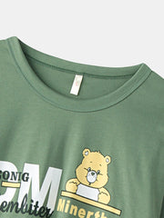 Women's Cartoon Bear Print Pajama Set - Plaid Pants, O-Neck, Elastic Waist