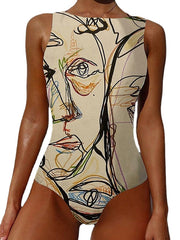 Women's Swimwear One Piece Normal Swimsuit Printing Graffiti Black White Blue Khaki Beige Bodysuit Bathing Suits Sports Beach Wear Summer