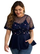 Plus Size Embroidery Zip Design Mesh Short Sleeve Blouse
