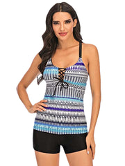 Plus Size Women Ethnic Print Front Bandage Criss-Cross Tankini Cover Belly Beachwear