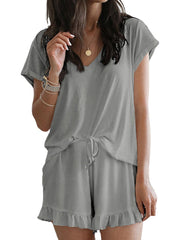 V-Neck Short Sleeve Solid Loungewear Set - 2 Piece Home Outfit