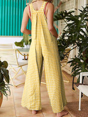 Women Sleeveless Plain Plaid Loose Side Pocket Casual Jumpsuits
