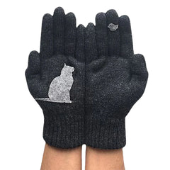 Women's Wool Gloves Autumn Winter Outdoor Warm Cold Padded Cat Bird Print Glove