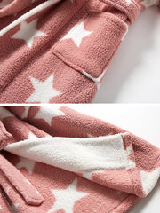 Women's Star Print Fleece Hooded Robe with Pockets - Warm & Cozy