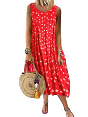 Women's Sleeveless Polka Dot Print Crew Neck Swing Boho Dress