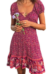 Women's Bohemian V-Neck Floral Spliced Short Sleeve Casual Mini Dress