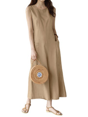Solid Pocket Knotted Sleeveless Round Neck Casual Jumpsuit