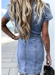 Women's Midi Denim Dress - Casual Elegant Shirt Dress with Pockets