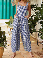 Women Sleeveless Plain Plaid Loose Side Pocket Casual Jumpsuits