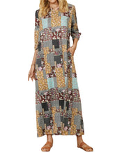 Women Colorblock Floral Plaid Print Vintage Maxi Dress With Pocket