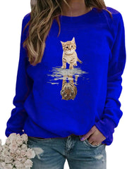 Women Cartoon Animal Cat Print Pullover Long Sleeve Cute Sweatshirts