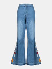 Women Floral Embroidery Stylish Casual Bell-Bottom Jeans With Pockets
