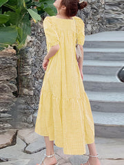 Loose Sweet Square Collar Plaid Puff Short Sleeve  Dress