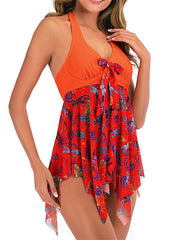 Plus Size Women's Tankini Swimsuit - Backless Bow Print, Halter V Wire, Padded, Vacation Ready