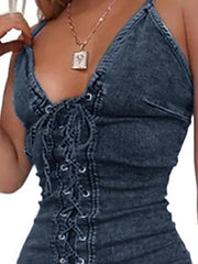 Sexy Women's Denim Mini Dress - Sleeveless Lace-Up Summer Style
