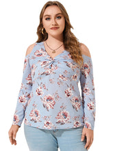 Plus Size Cold Shoulder Floral Print Twist Long Sleeves Tee
