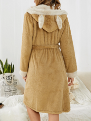 Women's Cute Rabbit Ear Fleece Hooded Robe - Warm, Loose, Lace-Up