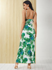 Tropical High Slit Backless Belt V-neck Summer Sleeveless Dress