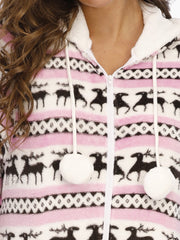 Christmas Women Flannel Elk Graphics Pocket Hooded Jumpsuits Cozy Warm Sleepwear