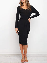 Long Sleeve Belted Knit Bodycon Solid Color Midi Dress