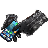 Black Waterproof Touchscreen Winter Gloves - Warm, Windproof, Full Finger, PU Leather, Thicken Cotton