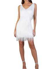 Women‘s Party Dress Fringe Dress Short Mini Dress White Gold Sleeveless Pure Color Tassel Fringe Spring Summer Spaghetti Strap Party Sexy Gatsby Party