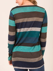 Women Multi-Color Striped O-Neck Twist Hem Long Sleeve T-Shirt